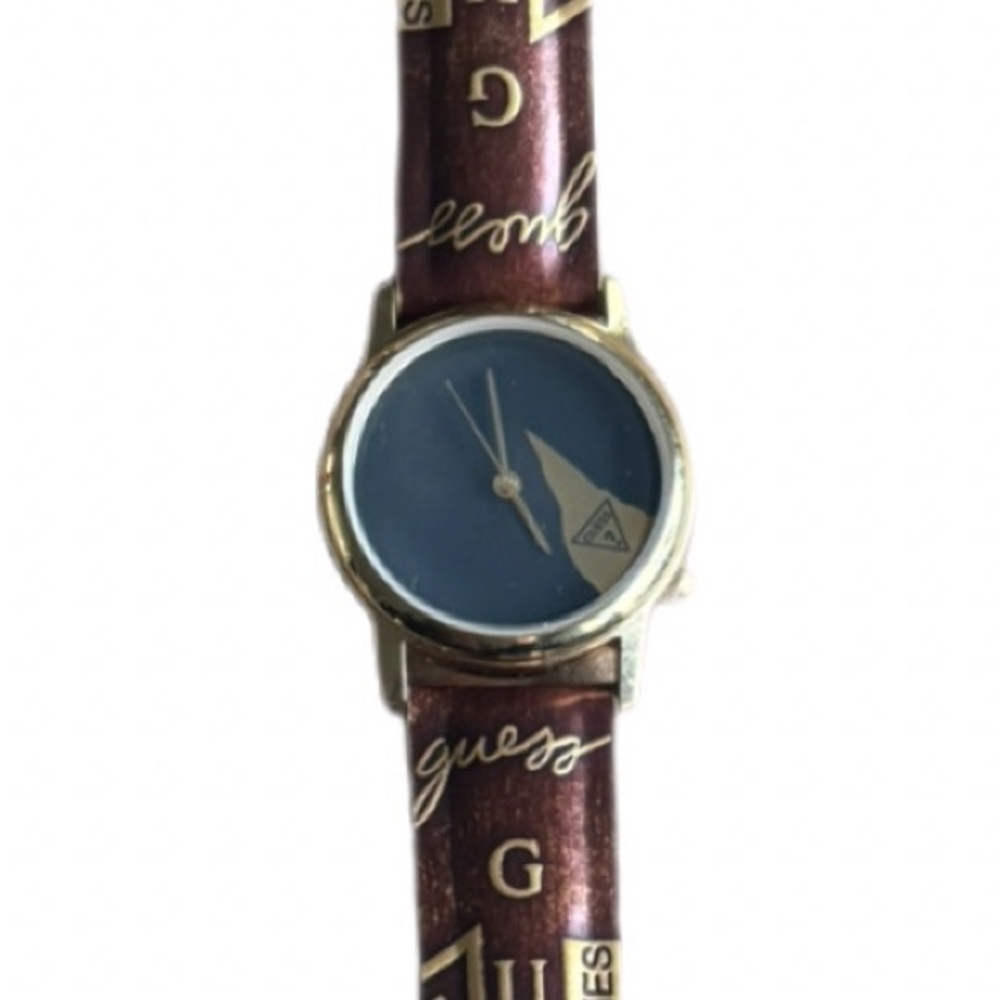 VINTAGE 1996 GUESS Brown Logo Leather Band Watch Needs Battery